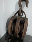 Vintage Wood   Cast Iron Double Pulley Industrial Steampunk Decor 12 5    L