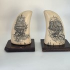Replica Faux Scrimshaw Whale Tooth Bookends Whaling  Hunting Scene Storm  Ship