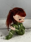 Vintage Girl Pixie Elf Figurine Green Ceramic W  Red Hair Mid-century