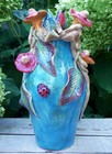 Hummingbirds Flowers Ladybugs Ceramic Vase Turquoise Handmade Mexican Folk Art