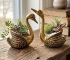 Vintage Set Of Two Solid Brass Gatco Swan Planters Mcm Hollywood Regency Korea