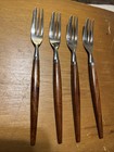 Vtg Mid Century Dutch Stainless Pastry Forks Canoe Muffin Teak Wood Set Of 4