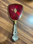 Antique Brass And Cut Glass Hand Mirror W  Ornate Red Backing