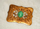 Art Nouveau Era Big Gold Gilt Green Mottled Glass Ornate Stunning Sash Brooch