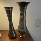 Pair Brass Decorative Vase Set Of 2 With Etched Painted Floral Design