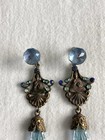 Large Vintage Czech Art Deco Blue Glass   Buddha Brass Design Dangle Earrings