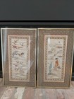 Vtg Asian Framed Silk Embroidered Textile Art X 2 Signed Gold Birds Floral Girl
