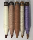 Vtg  Wooden Sewing Bobbins With Thread yarns Pastels Set Of 5 Lot 19