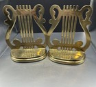 Vintage Harp Brass Book Ends Musical Symbol Pair Staff Stand Bookends