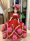 Vintage Doll With Handcrafted Red And Pink Crocheted Dress And Matching Hat