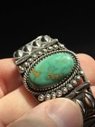 Native American Sterling Silver Oval Turquoise Stamped Cuff Bracelet 31g