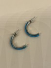Navajo Blue Turquoise Sterling Silver Earrings Half Hoop Native American Inlay