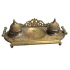 Vtg Brass Metal  Footed Double Inkwell Patina Victorian Ornate Antique Theme