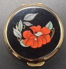 Vintage Stratton Pill Box Red Flower Black Enamel Compact Made In England Mcm