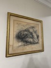 Vintage Framed Art  Signed Qill gill  Dead Soldier Charcoal Drawing 27x24    As Is