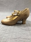 Dance Shoe Women 7 M Tan Leather Danshuz T Strap Heel Character Rubberized Sole