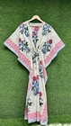Women Hand Block Printed Cotton Kaftan Dress White Floral V-neck Boho Maxi Gown