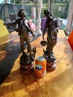 Pair Of Antique French Spelter Figurines Zinc-based Bronzed Mounted Wooden Bases