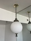 Vintage White Glass Ribbed Pendant Light Fixture Bronze Or Brass Finished  2 