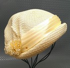 Vintage 1950s Profile Cloche Hat White Ivory Satin Ribbon Pom Pom Great Gatsby