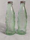 Coca-cola Green Glass Salt   Pepper Shaker Set  Metal Tops  Holds 1 Oz Each