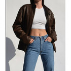 Women s 80s Vintage Brown Oversized Leather Bomber Jacket Retro Fashion Style
