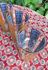Set Of 6 Vintage Mid Century Modern Gold Greek Key Double Tumblers Blue Inside