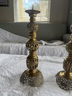 Vintage Pair  Brass Candle Holders Pillar Filigree Ornate Pierced Design