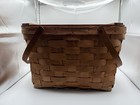      Vintage Primitive Woven Wood Basket With Hinged Lid   Handles