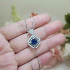 2 50ct Round Cut Blue Sapphire Halo Pendant 18  Free Chain 14k White Gold Finish