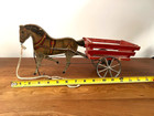 Antique Early 1900s Tin-litho Horse Pull Toy With Red Wooden Cart     17    Long