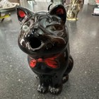 Vintage Pottery Black Cat Creamer With Green Eyes And Red Bow