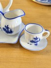 Vintage Porcelain Delft Miniature Tea Set Windmill 14 Pieces Blue   White