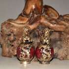 Chinese Silver Copper Dragon Inlaid Red Jade Hand-carved Pair Lion Statue Ai1522