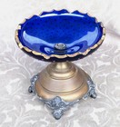 Antique French Empire Cobalt Blue Glass Gold Enamel Bronze Lion Pedestal Bowl