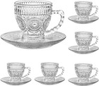 Vintage Glass Tea Cups With Saucers  Glass Mugs 7 Oz Set Of 6 Espresso Coffee 