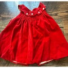 Vintage 1950s Cinderella Red Velvet Smocked Baby Dress Scalloped Collar 9 Months