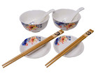 Set For 2 Asian Porcelain Rice Bowls  Plates  Spoons  Chopsticks In Gift Box New