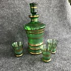 Vintage Czech Bohemian Gilded Emerald Green Glass Decanter Set With Shot Glasses