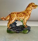 1960   s Vintage Golden Retriever Dog Ceramic Molded Statue W rocks Grass Adorable