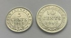 Lot Of Two 1945 Canada Newfoundland 5 Cent And 1943 Canada 10 Cent Silver Coins