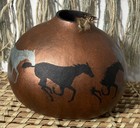Gourd Art Hand Painted Running Horses Vase Vessel Copper Silver Feather Accent