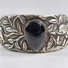 Tibetan Bangle Sterling Silver Repouss   Obsidian And Bone Bracelet