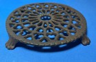 Vintage Antique Cast Iron Trivet  Round Ornate Unmarked Footed Trivet Paw Feet