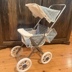 Rare Vtg 1960s Metal Baby Doll Stroller Carriage Blue Floral Quilted Lace Canopy
