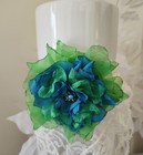 Organza Ribbon Satin Silk Green Aqua Fabric Flower Crystal Brooch Pin Handmade