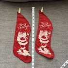 Vtg 1950 Stenciled Merry Christmas Santa 15    Red Felt Stocking  set Of 2 