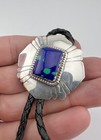 Vintage Navajo Sterling Silver Azurite Stamped Rectangle Bolo Tie 1 5 8 