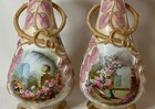 11 75   h Vtg Porcelain Double Handle Vases Hand Painted Floral Gold Gilt Pair