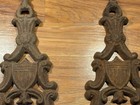 Pair Antique Cast Iron Fireplace Andirons Shield Crest Design W  Finial Tops 17 